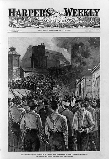 Pinkerton Detective Agency men leaving the barges after the surrender of strikers during the Homestead Strike. Illustration in Harper's Weekly, v. 36, no. 1856, p. 673. July 16, 1892